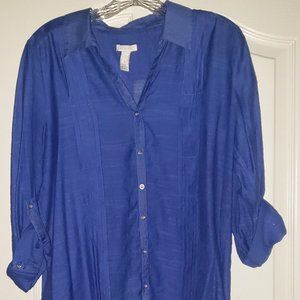 Chico's 1 Royal Blue Semi-Sheer Pleated Button-Down Shirt rayon top